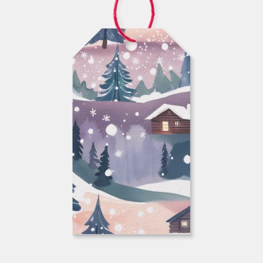 Snowy Mountain Cabin Waterverf Cadeaulabel (Achterkant)