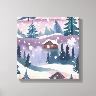 Snowy Mountain Cabin Waterverf Canvas Afdruk