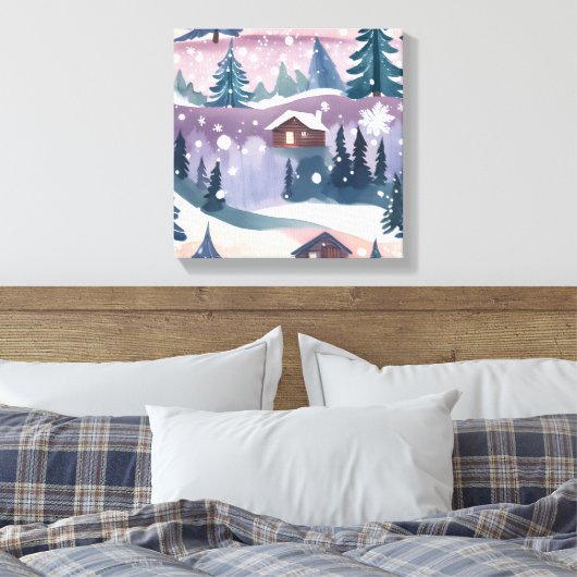 Snowy Mountain Cabin Waterverf Canvas Afdruk (Insitu (Slaapkamer))