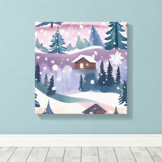 Snowy Mountain Cabin Waterverf Canvas Afdruk (Insitu (Houten vloer))
