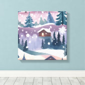 Snowy Mountain Cabin Waterverf Canvas Afdruk (Insitu (Houten vloer))