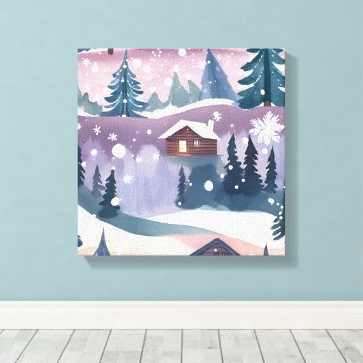 Snowy Mountain Cabin Waterverf Canvas Afdruk (Insitu (Houten vloer))