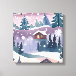Snowy Mountain Cabin Waterverf Canvas Afdruk