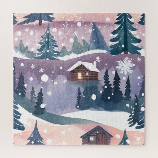 Snowy Mountain Cabin Waterverf Legpuzzel (Verticaal)