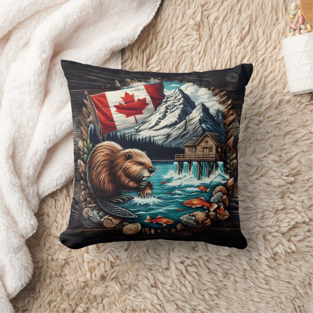 Snowy Mountain, Canadian Beaver, Ocean Uitzicht Kussen (Deken)