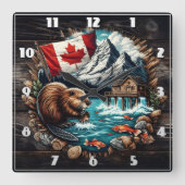 Snowy Mountain, Canadian Beaver, Ocean Uitzicht Vierkante Klok (Voorkant)