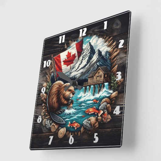 Snowy Mountain, Canadian Beaver, Ocean Uitzicht Vierkante Klok (Hoek)
