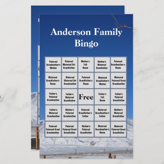 Snowy Mountain Familienaam en Photo Bingo Game Briefpapier (Voorkant / Achterkant)
