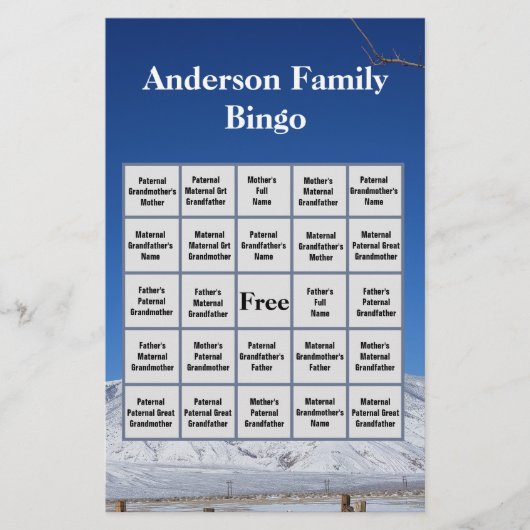 Snowy Mountain Familienaam en Photo Bingo Game Briefpapier (Voorkant)