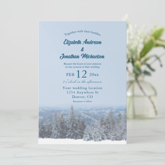 Snowy Mountain Forest Wedding Kaart (Staand voorkant)