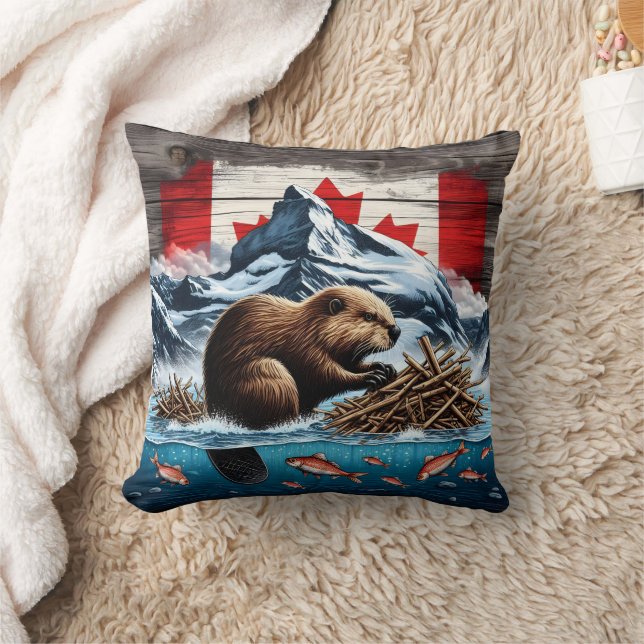 Snowy Mountain, Ocean, Canadese Bever Kussen (Deken)