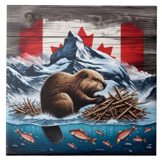 Snowy Mountain, Ocean, Canadese Bever Tegeltje (Voorkant)