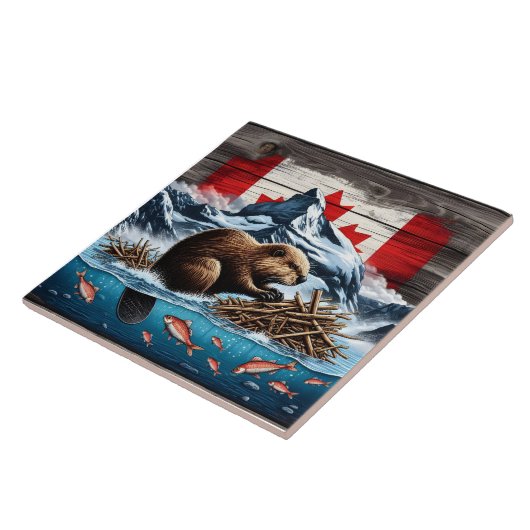 Snowy Mountain, Ocean, Canadese Bever Tegeltje (Zijkant)