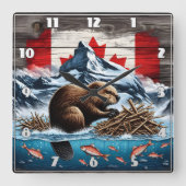 Snowy Mountain, Ocean, Canadese Bever Vierkante Klok (Voorkant)