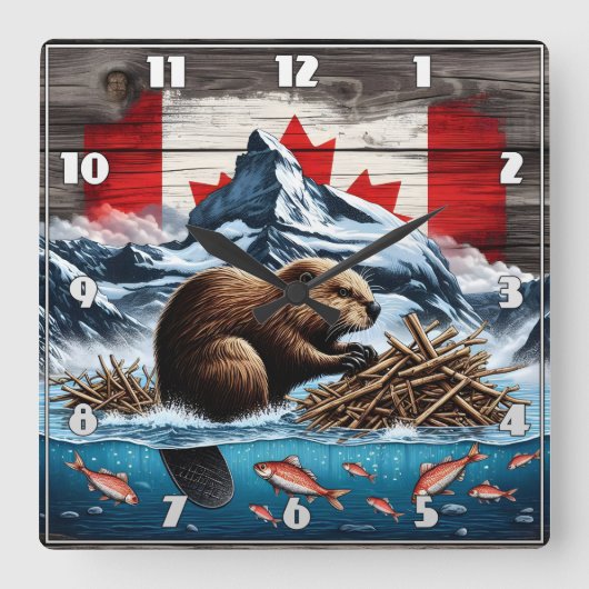 Snowy Mountain, Ocean, Canadese Bever Vierkante Klok (Voorkant)