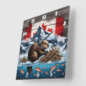 Snowy Mountain, Ocean, Canadese Bever Vierkante Klok (Hoek)