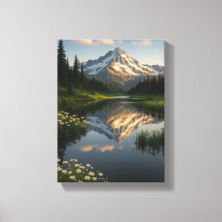 Snowy Mountain Reflected Lake Scene Canvas Afdruk