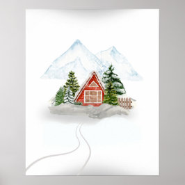 Snowy Mountain Retreat: houten huis in de winter Poster