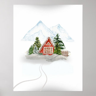 Snowy Mountain Retreat: houten huis in de winter Poster