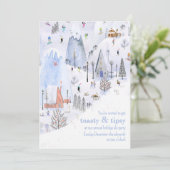 Snowy Mountain Ski Village Holiday Party Kaart (Staand voorkant)