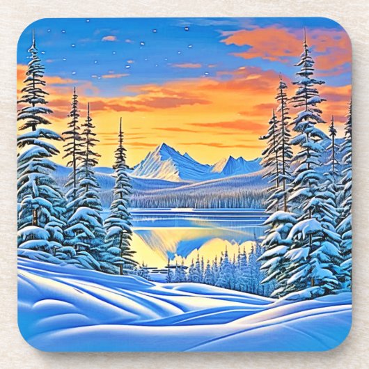 Snowy Mountain Sunset Glow Bier Onderzetter (Voorkant)