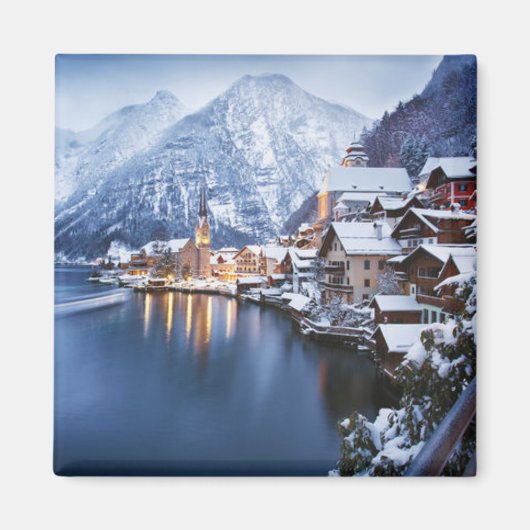 Snowy Mountain Town Winter Magneet (Voorkant)