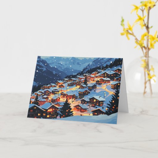 Snowy Mountain Village met kerst Kaart (Gele Bloem)