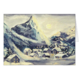 Snowy Mountain Village Oil Painting Card
