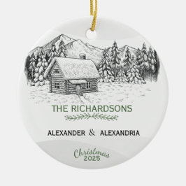 Snowy Mountain Winter Log Cabin Keramisch Ornament