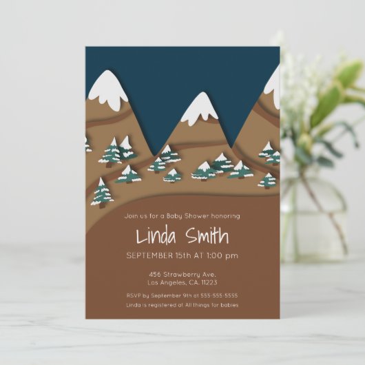 Snowy Mountains and Valley Winter Baby shower Kaart (Staand voorkant)