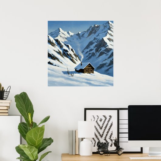 Snowy Mountains Cabin - schilderachtige landschaps Poster (Thuiskantoor)