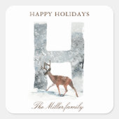 Snowy Mountains Woodland Animals Holiday Monogram Vierkante Sticker (Voorkant)