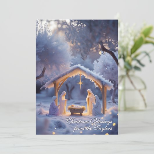 Snowy Nativity Scene Christelijke kerstvakantie Feestdagenkaart (Staand voorkant)