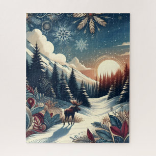 Snowy Night Moose Forest Mountains Boho Pattern Legpuzzel