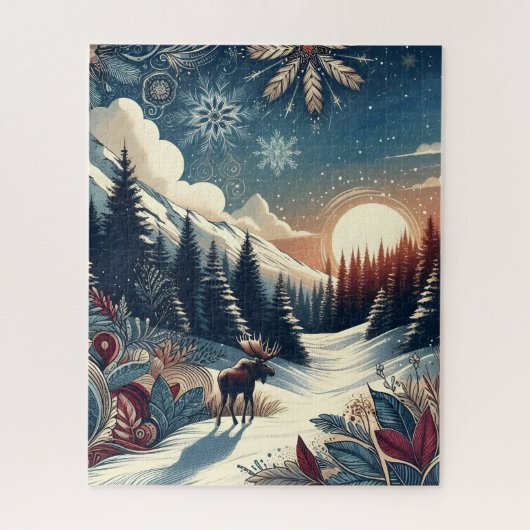 Snowy Night Moose Forest Mountains Boho Pattern Legpuzzel (Verticaal)