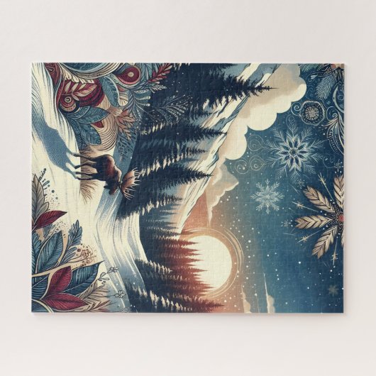 Snowy Night Moose Forest Mountains Boho Pattern Legpuzzel (Horizontaal)