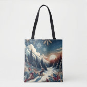 Snowy Night Moose Forest Mountains Boho Pattern Tote Bag (Voorkant)