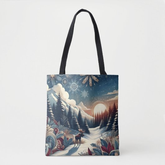 Snowy Night Moose Forest Mountains Boho Pattern Tote Bag (Voorkant)