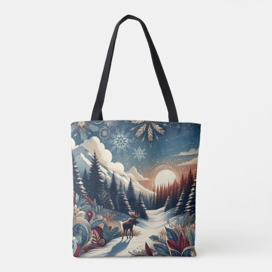 Snowy Night Moose Forest Mountains Boho Pattern Tote Bag (Achterkant)