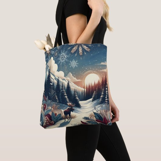 Snowy Night Moose Forest Mountains Boho Pattern Tote Bag (Dichtbij)