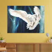 Snowy Nightfall - snowy owl die door berch vliegt Canvas Afdruk (Insitu (Woonkamer))