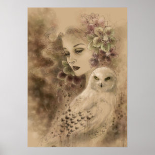 Snowy Owl and Kerstmis Roos Fantasy Art Poster