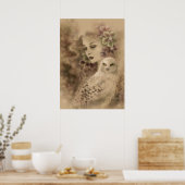 Snowy Owl and Kerstmis Roos Fantasy Art Poster (Keuken)