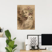 Snowy Owl and Kerstmis Roos Fantasy Art Poster (Thuiskantoor)