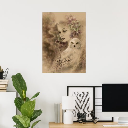 Snowy Owl and Kerstmis Roos Fantasy Art Poster (Thuiskantoor)