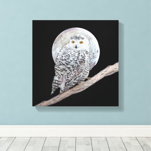 Snowy Owl and Moon Painting - Original Bird Art Canvas Afdruk (Insitu (Houten vloer))