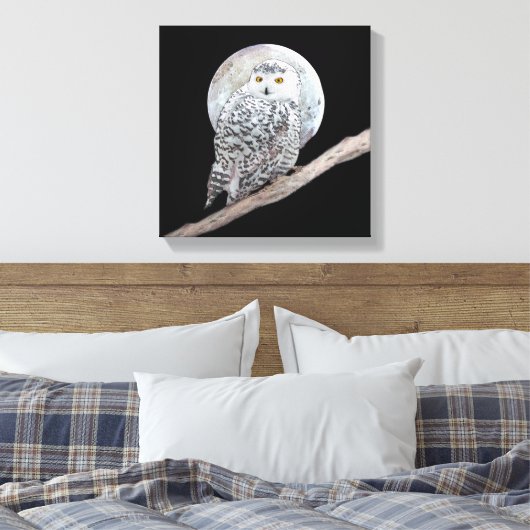 Snowy Owl and Moon Painting - Original Bird Art Canvas Afdruk (Insitu (Slaapkamer))