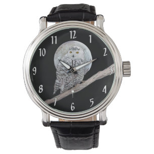 Snowy Owl and Moon Painting - Original Bird Art Horloge