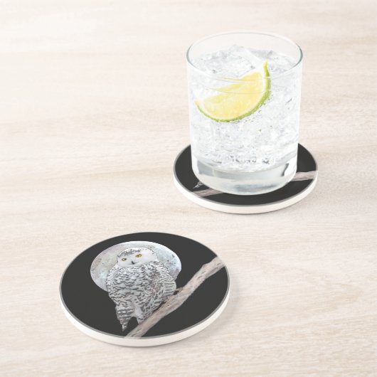 Snowy Owl and Moon Painting - Original Bird Art Zandsteen Onderzetter (Zijkant)