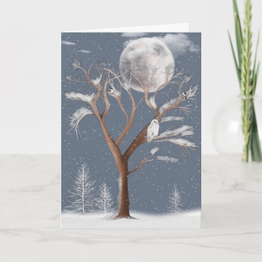Snowy Owl and Winter Moon Feestdagen Kaart (Voorkant)